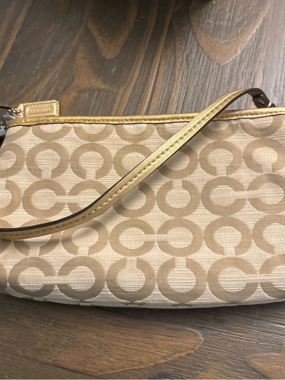 Coach Beige Signature Jacquard Wristlet with Gold Trim #vintage - Picture 11 of 12